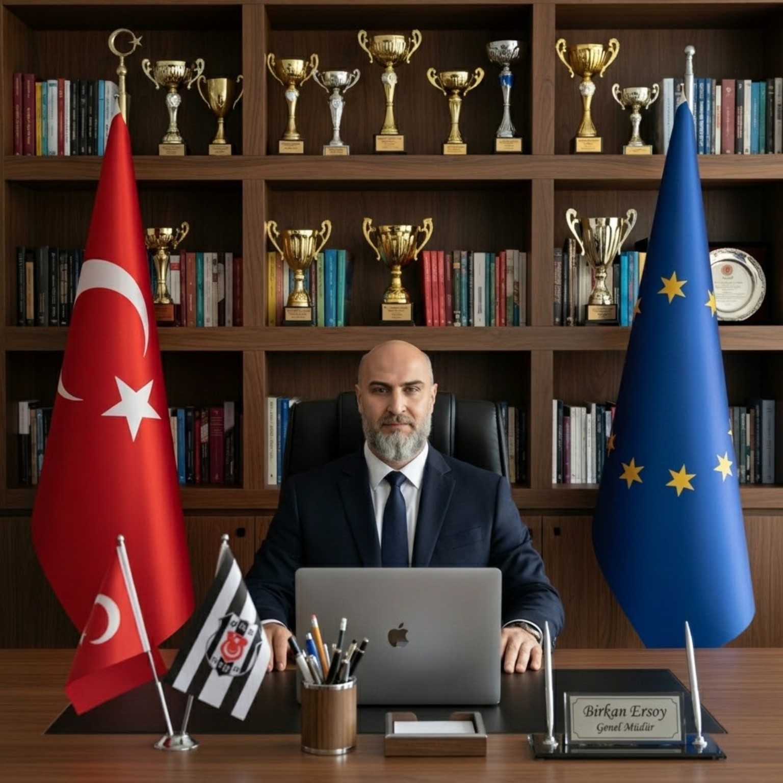 Türk ve Avrupa Birliği bayraklarının bulunduğu çalışma masası